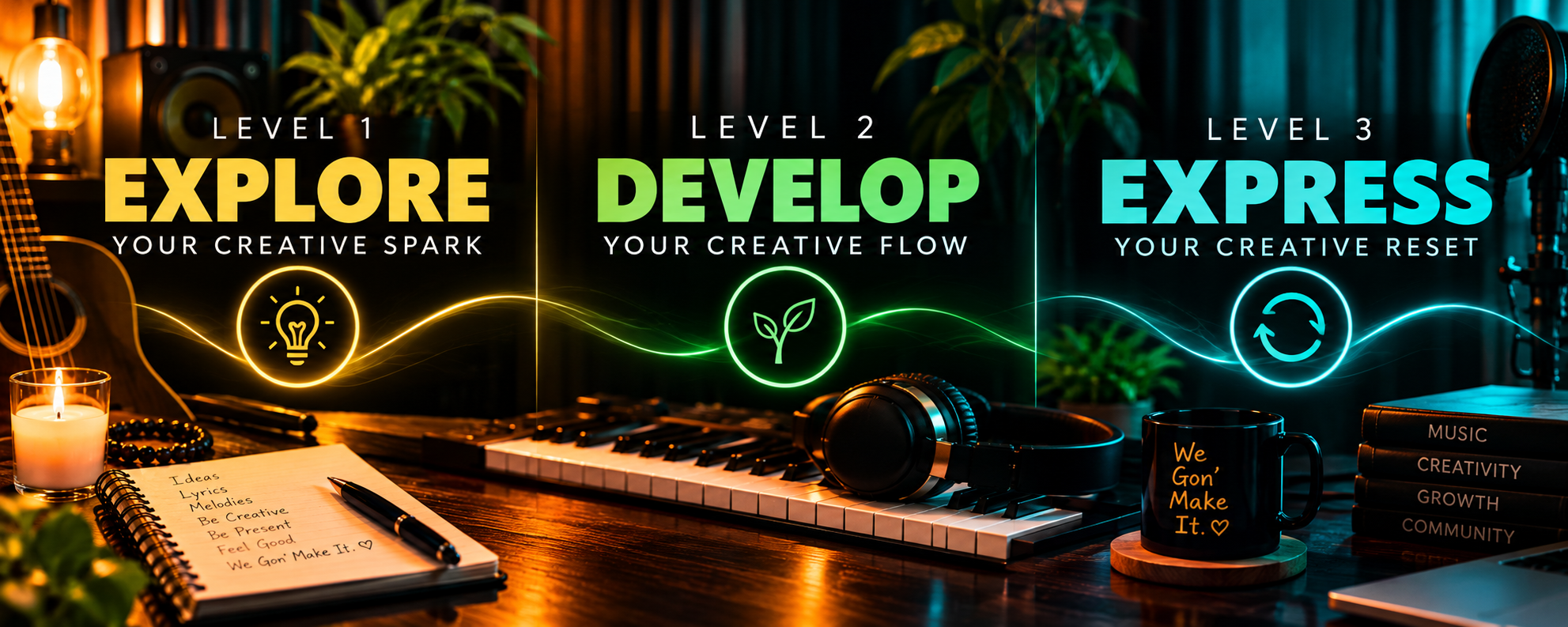 Explore — Your Creative Spark; Develop — Your Creative Flow; Express — Your Creative Reset